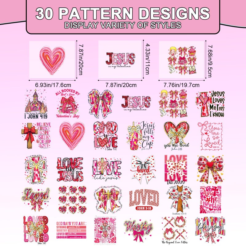 Shejdgart Dtf Transfers Ready to Press - 30 Pcs Valentines Day Bible Verse Iron on Patches for T-Shirts, Bow Heart Iron on Stickers Heart Hear Heat Transfer Vinyl Decals for DIY Fabric Clothes Decor - Image 2
