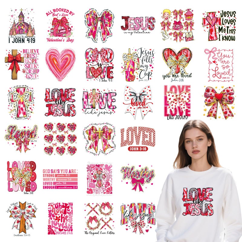 Shejdgart Dtf Transfers Ready to Press - 30 Pcs Valentines Day Bible Verse Iron on Patches for T-Shirts, Bow Heart Iron on Stickers Heart Hear Heat Transfer Vinyl Decals for DIY Fabric Clothes Decor - Image 1