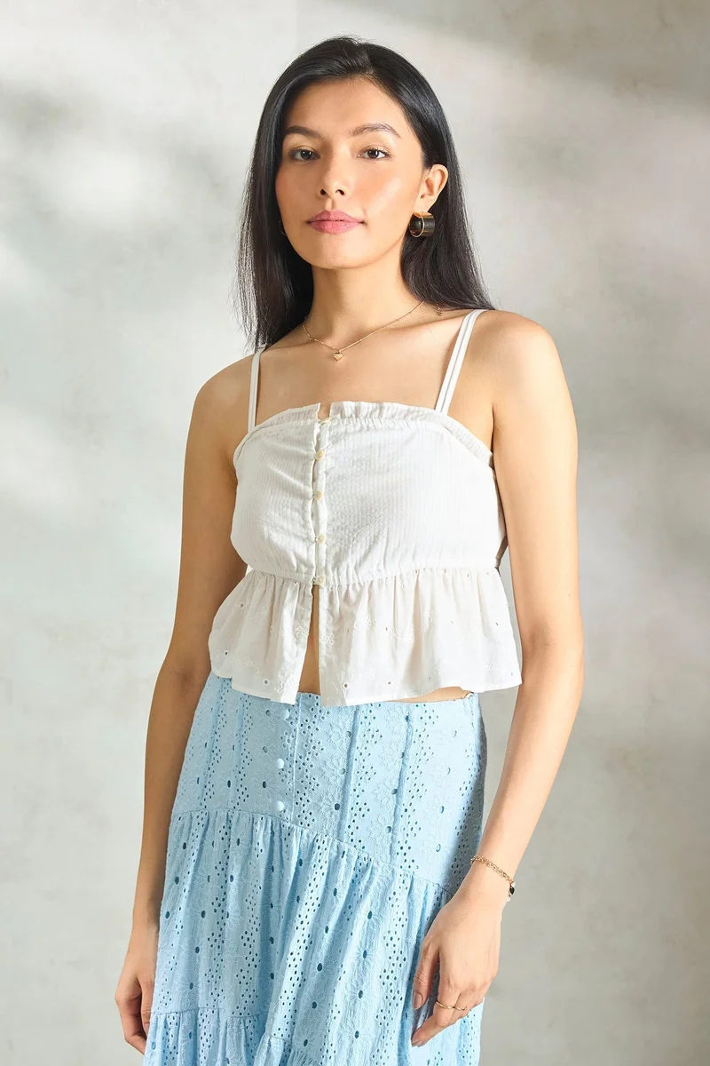 Virgio Cotton Schiffli Vacation Peplum Tops for Women