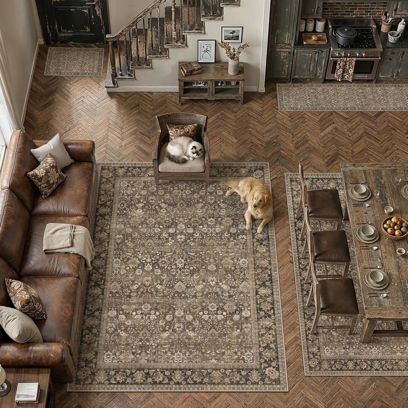 HUGEAR 6x9 Machine Washable Rugs Brown Hallway Large Area Rug Indoor Accent Rug Floral Mid Pile Carpet Soft Thicker Throw Aesthetic Rug Bedroom Living Room Office Dining Kitchen Laundry - Image 4