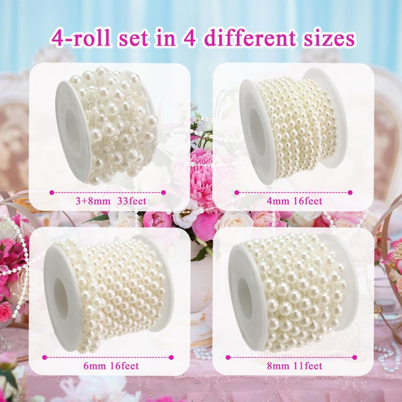 Towenm 4 Rolls 76 Feet Pearls String Garland, Faux Pearl Beads Roll Strand for Crafts, Artificial Pearls Chain Trim for Wedding Party Flower Valentine Christmas Decoration, 4mm 6mm 8mm 8+3mm, Ivory - Image 3