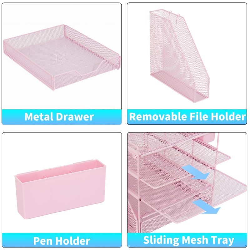 Gugsey Desk Organizer, 5-Tier Paper Letter Tray Organizer with File Holder, Drawer and Pen Holder, Desktop Organizer for Office Supplies, Pink - Image 3