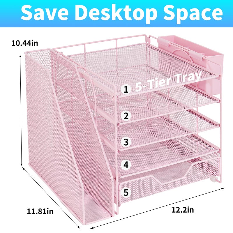 Gugsey Desk Organizer, 5-Tier Paper Letter Tray Organizer with File Holder, Drawer and Pen Holder, Desktop Organizer for Office Supplies, Pink - Image 2