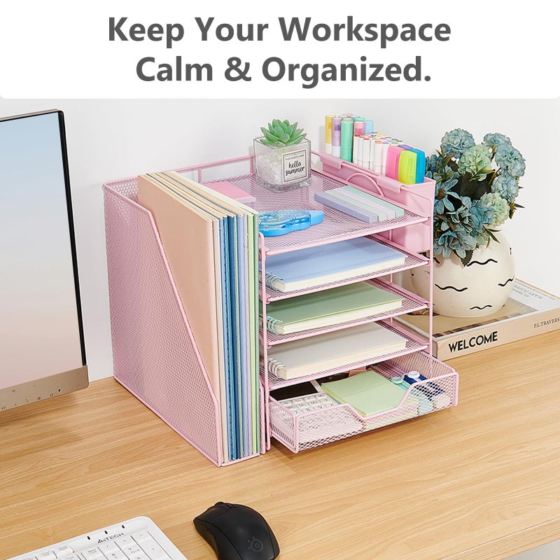 Gugsey Desk Organizer, 5-Tier Paper Letter Tray Organizer with File Holder, Drawer and Pen Holder, Desktop Organizer for Office Supplies, Pink - Image 5