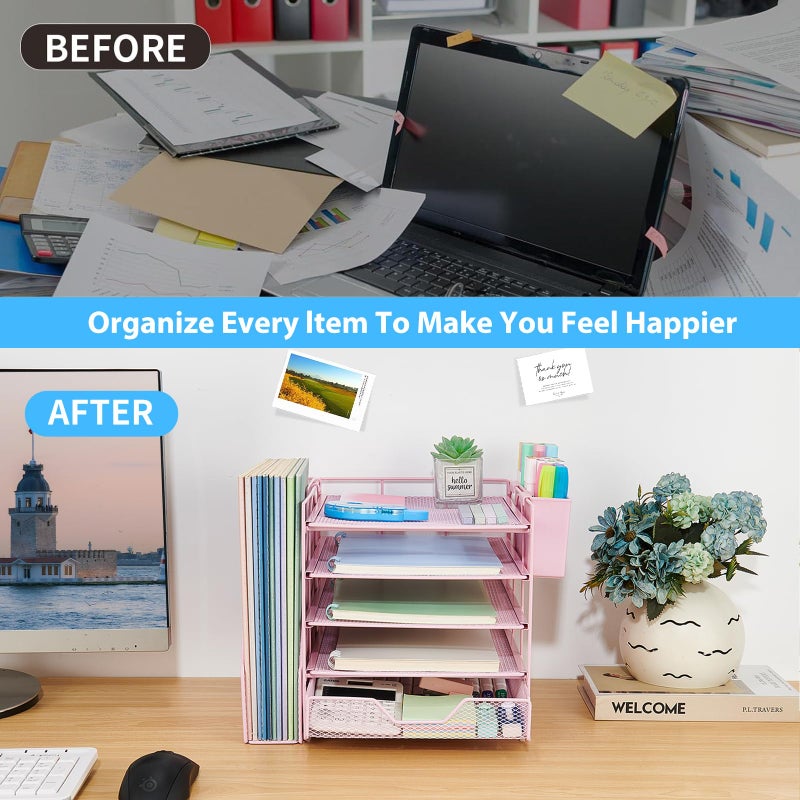 Gugsey Desk Organizer, 5-Tier Paper Letter Tray Organizer with File Holder, Drawer and Pen Holder, Desktop Organizer for Office Supplies, Pink - Image 4