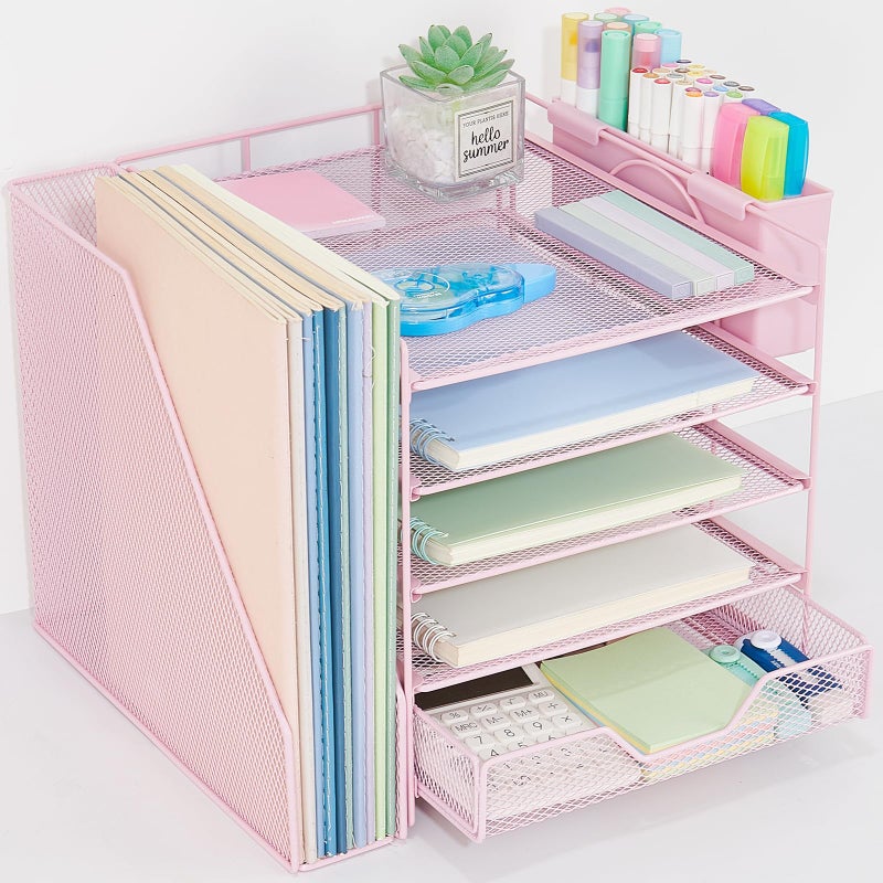 Gugsey Desk Organizer, 5-Tier Paper Letter Tray Organizer with File Holder, Drawer and Pen Holder, Desktop Organizer for Office Supplies, Pink - Image 1