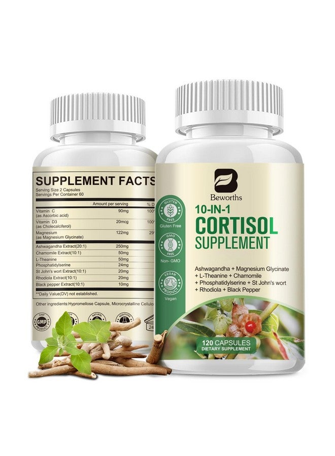 ب يستحق مكملات الكورتيزول من بي بيوورثس للنساء والرجال، 10 في 1 لإزالة سموم الكورتيزول مع أشواغاندا، والمغنيسيوم، وإل-ثيانين، ومستويات الكورتيزول المتوازنة، ودعم ليلي وهادئ، 120 كبسولة نباتية - Image 1