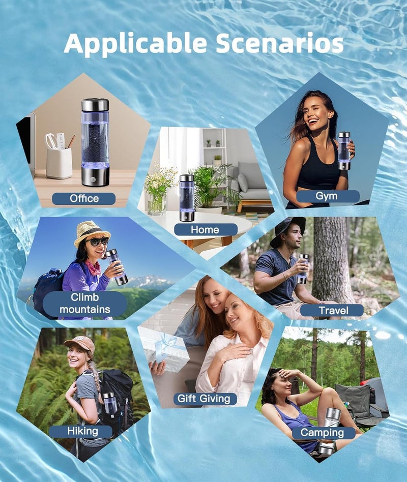 QERINKLE Hydrogen Rich Water Bottle 420 ml, USB Rechargeable Electrolysis Water Bottle, Portable Glass Water Cup with One Button Operation for Daily Hydration (MEDIUM) - Image 5