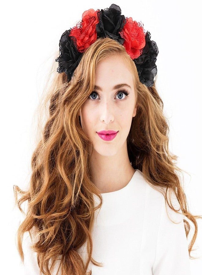 RUSTAMM Rose Flower Crown Hair Wreath Festival Wedding Mexican Women Headband stage performance Headpiece (Black Red) - Image 2