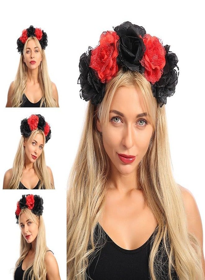 RUSTAMM Rose Flower Crown Hair Wreath Festival Wedding Mexican Women Headband stage performance Headpiece (Black Red) - Image 3