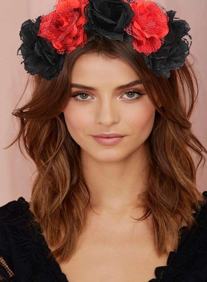RUSTAMM Rose Flower Crown Hair Wreath Festival Wedding Mexican Women Headband stage performance Headpiece (Black Red) - Image 4