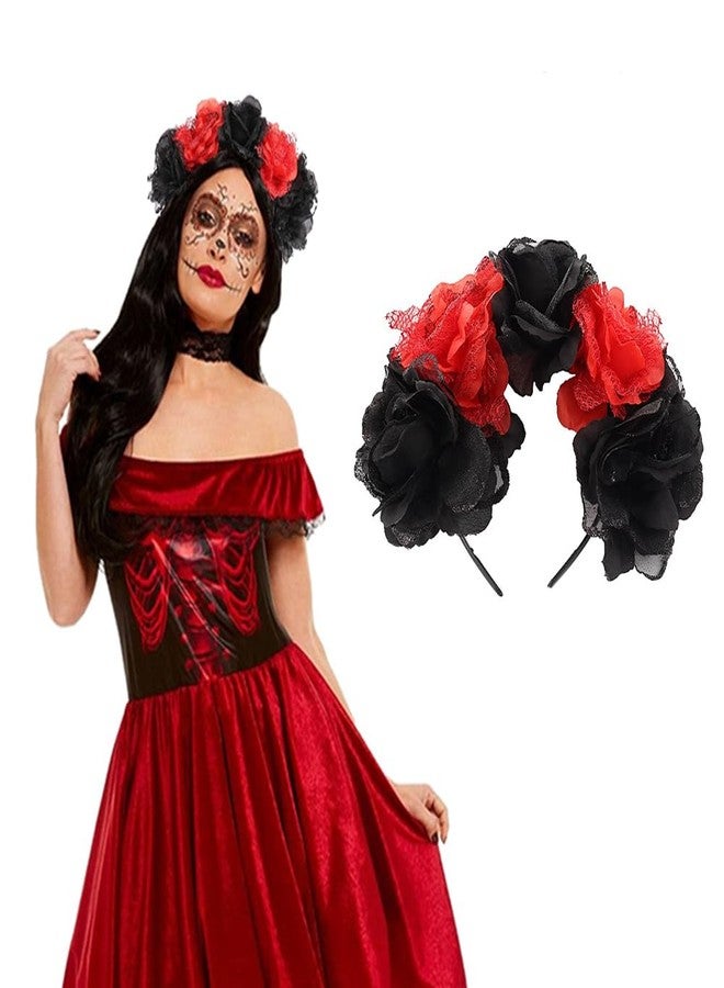 RUSTAMM Rose Flower Crown Hair Wreath Festival Wedding Mexican Women Headband stage performance Headpiece (Black Red) - Image 1