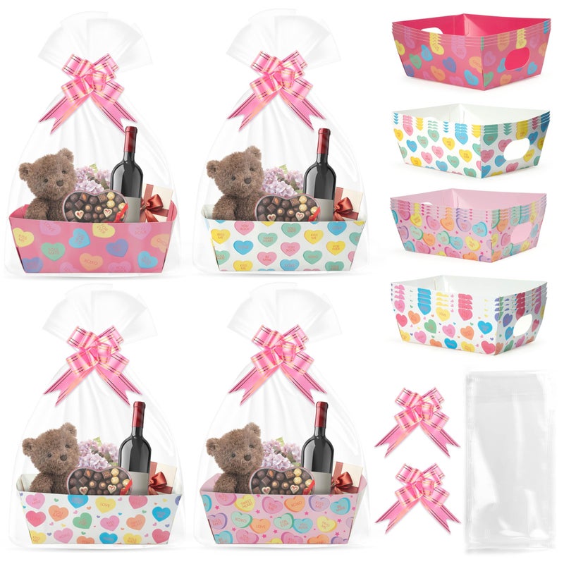 OSNIE Valentineâ€˜s Day Empty Gifts Baskets with Cellophane Bags and Ribbons Bows, 24 Set Colorful Candy Heart Tray Cardboard Gift Baskets for Valentine Things to Fill Wedding Birthday Anniversary Decor - Image 1