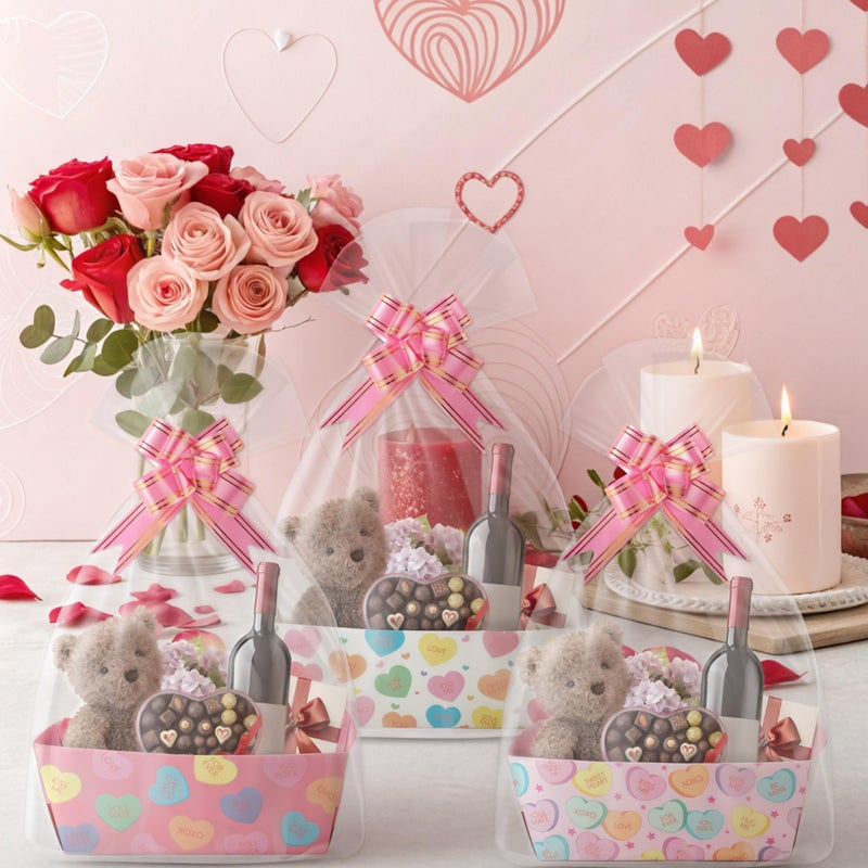 OSNIE Valentineâ€˜s Day Empty Gifts Baskets with Cellophane Bags and Ribbons Bows, 24 Set Colorful Candy Heart Tray Cardboard Gift Baskets for Valentine Things to Fill Wedding Birthday Anniversary Decor - Image 3