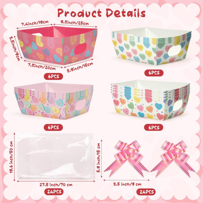 OSNIE Valentineâ€˜s Day Empty Gifts Baskets with Cellophane Bags and Ribbons Bows, 24 Set Colorful Candy Heart Tray Cardboard Gift Baskets for Valentine Things to Fill Wedding Birthday Anniversary Decor - Image 2