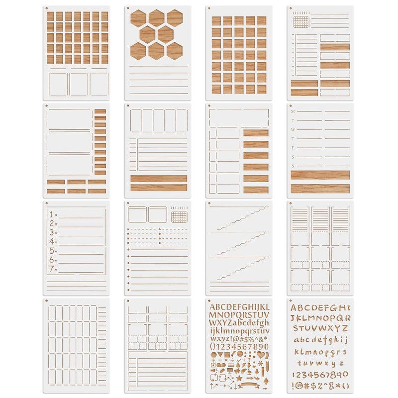 MWOOT MWOOT 16Pcs Journal Stencils Kit, Planner Stencil Drawing Painting Templates, DIY Reusable Diary Journaling Plastic Stencils for Scrapbook Card Making Schedule Wood Wall Art Decor (14.8x21CM)  - Image 1