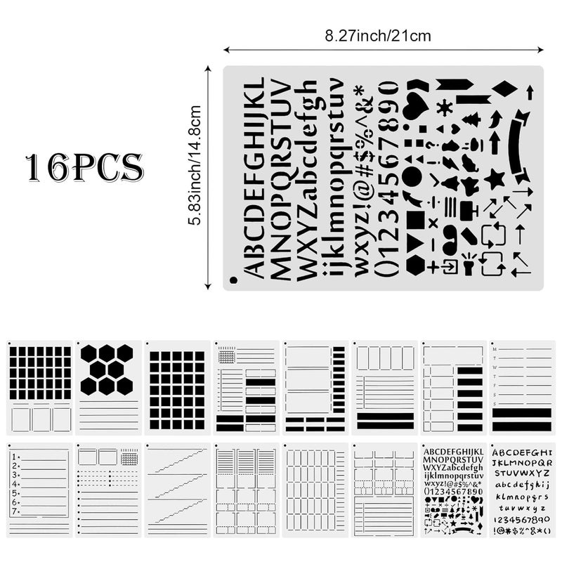 MWOOT MWOOT 16Pcs Journal Stencils Kit, Planner Stencil Drawing Painting Templates, DIY Reusable Diary Journaling Plastic Stencils for Scrapbook Card Making Schedule Wood Wall Art Decor (14.8x21CM)  - Image 4