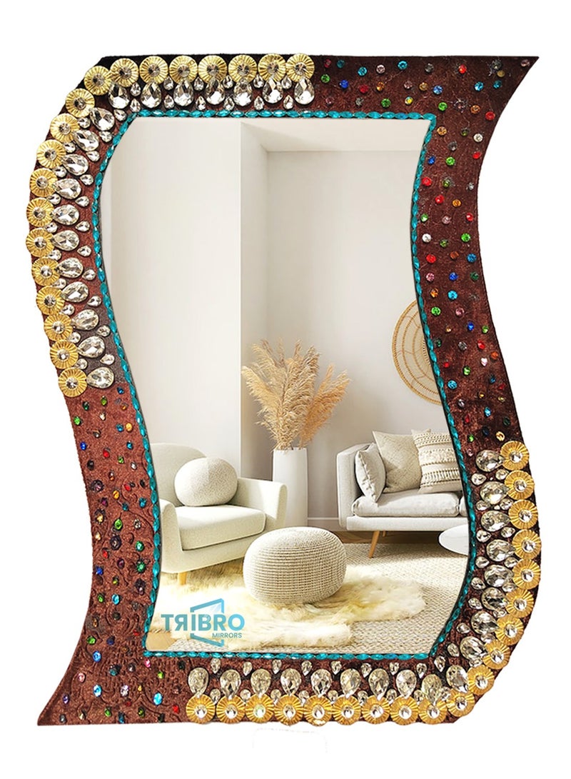 TriBro S-Shape New Look Decorative Handmade wall Mirror in Brown Gold and Silver colour  Wall Mounted Mirror for Bedroom Livivngroom and Hallway Size 66.04 x 44.45cm x 10mm - Image 1