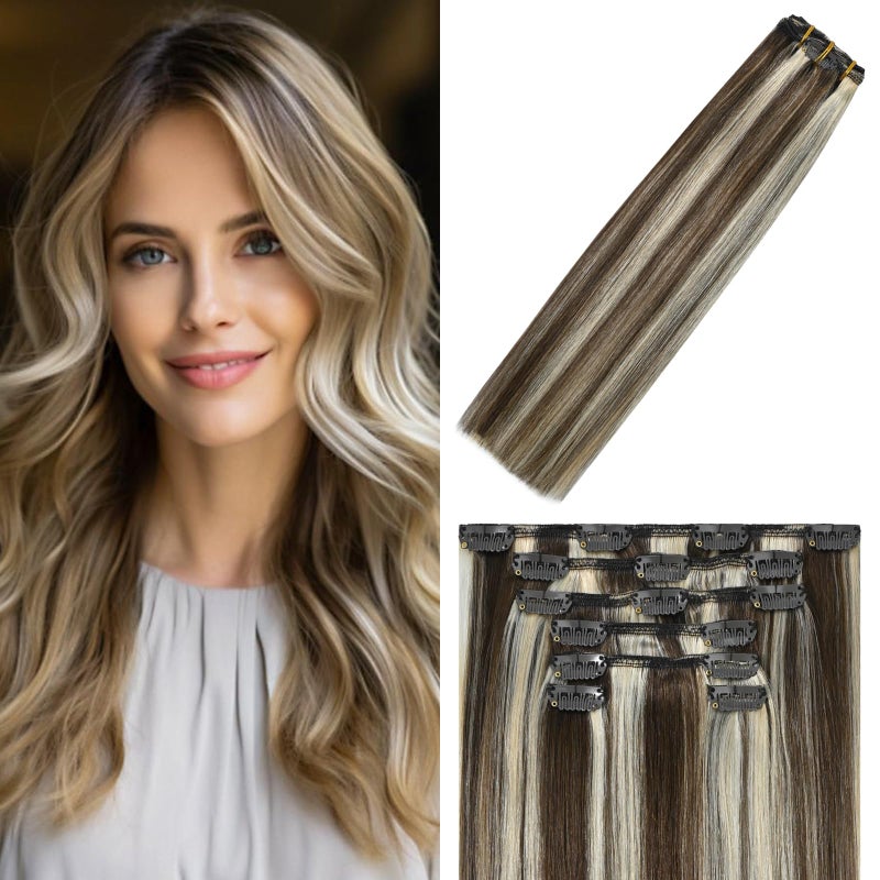 WindTouch Clip in Hair Extensions Remy Human Hair 12 Inch 75g 7PCS 4P613 Clip in Hair Extensions Medium Brown to Blonde Highlights - Image 2