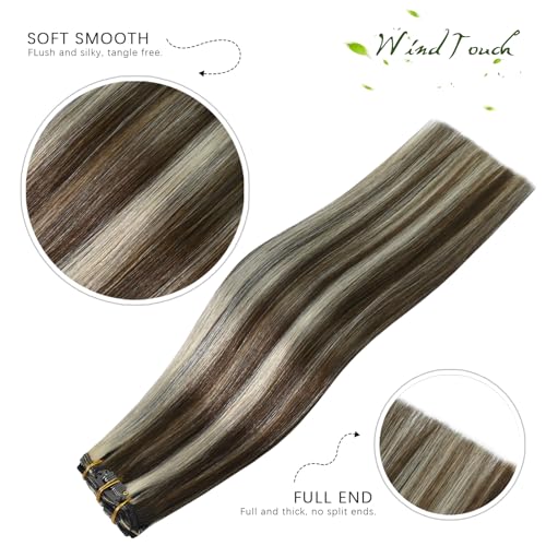 WindTouch Clip in Hair Extensions Remy Human Hair 12 Inch 75g 7PCS 4P613 Clip in Hair Extensions Medium Brown to Blonde Highlights - Image 3
