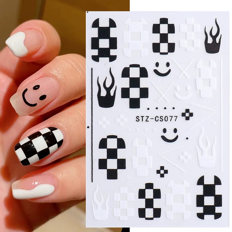 Macute Nail Art Stickers Decals, Self Adhesive Nail Stickers Nail Art Supplies Black White Nail Designs 3D Checkerboard Flame Star Moon Smile Line Nail Stickers for Acrylic Nails Women Manicure Decorations - Image 5