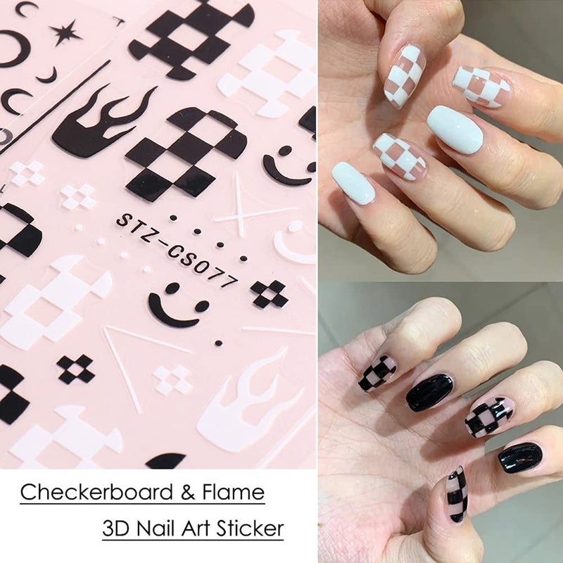 Macute Nail Art Stickers Decals, Self Adhesive Nail Stickers Nail Art Supplies Black White Nail Designs 3D Checkerboard Flame Star Moon Smile Line Nail Stickers for Acrylic Nails Women Manicure Decorations - Image 2