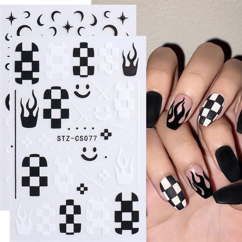 Macute Nail Art Stickers Decals, Self Adhesive Nail Stickers Nail Art Supplies Black White Nail Designs 3D Checkerboard Flame Star Moon Smile Line Nail Stickers for Acrylic Nails Women Manicure Decorations - Image 1