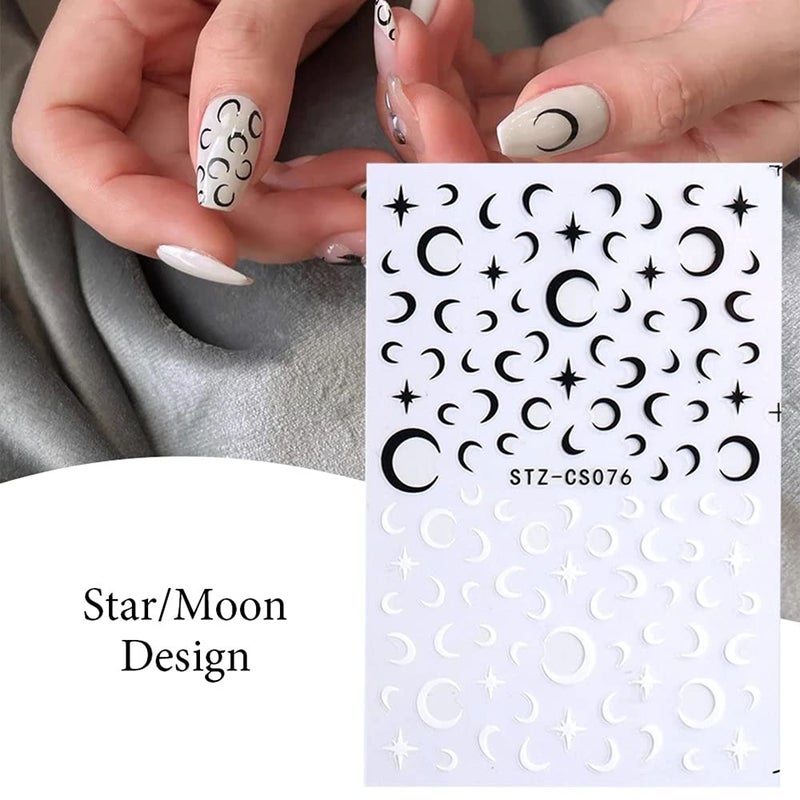 Macute Nail Art Stickers Decals, Self Adhesive Nail Stickers Nail Art Supplies Black White Nail Designs 3D Checkerboard Flame Star Moon Smile Line Nail Stickers for Acrylic Nails Women Manicure Decorations - Image 4