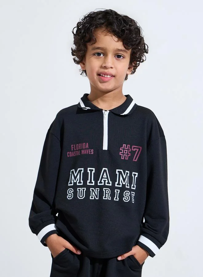 Styli Boys black Graphic Print Contrast Trims Polo T-Shirt and Joggers Set