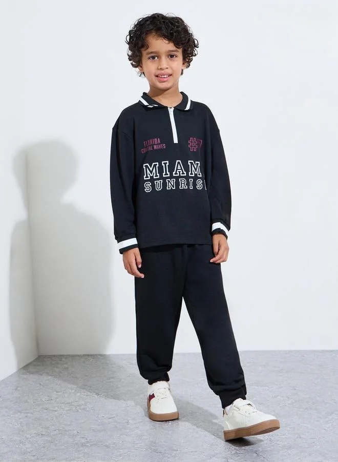 Styli Boys black Graphic Print Contrast Trims Polo T-Shirt and Joggers Set
