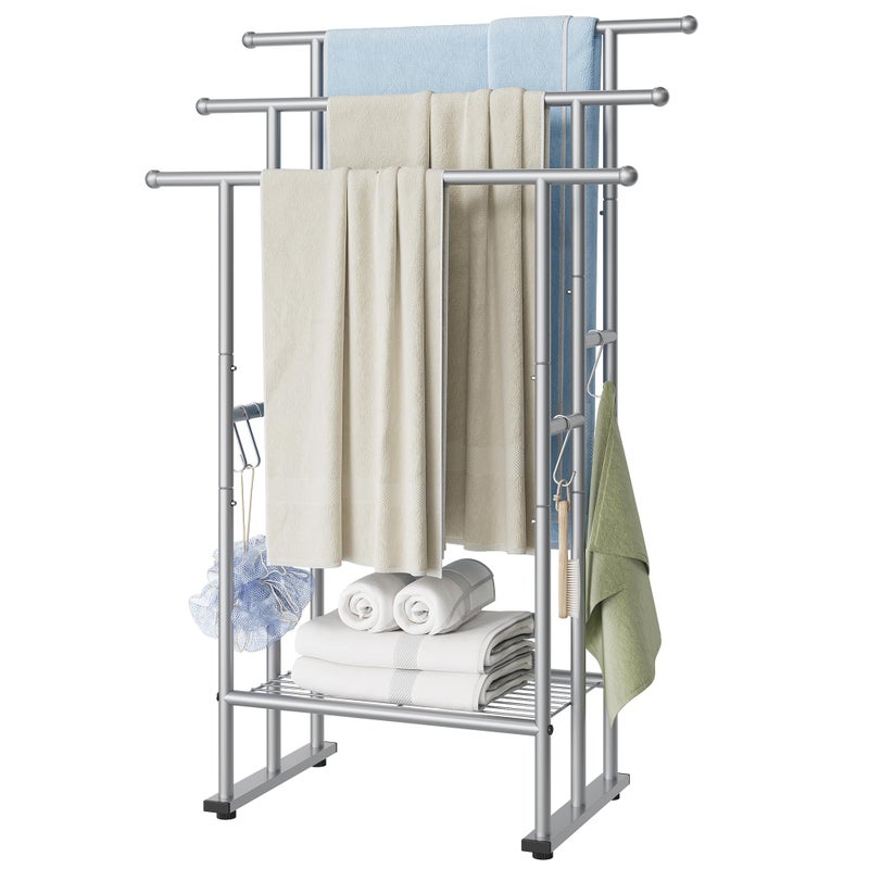 ELYKEN 3 Tier Standing Towel Rack 40 Tall Towel Drying Rack Outdoor Freestanding Floor Towel Rack with Shelf Pool Towel Blanket Stand Metal Towel Racks for Bathroom freestanding Smooth Silver