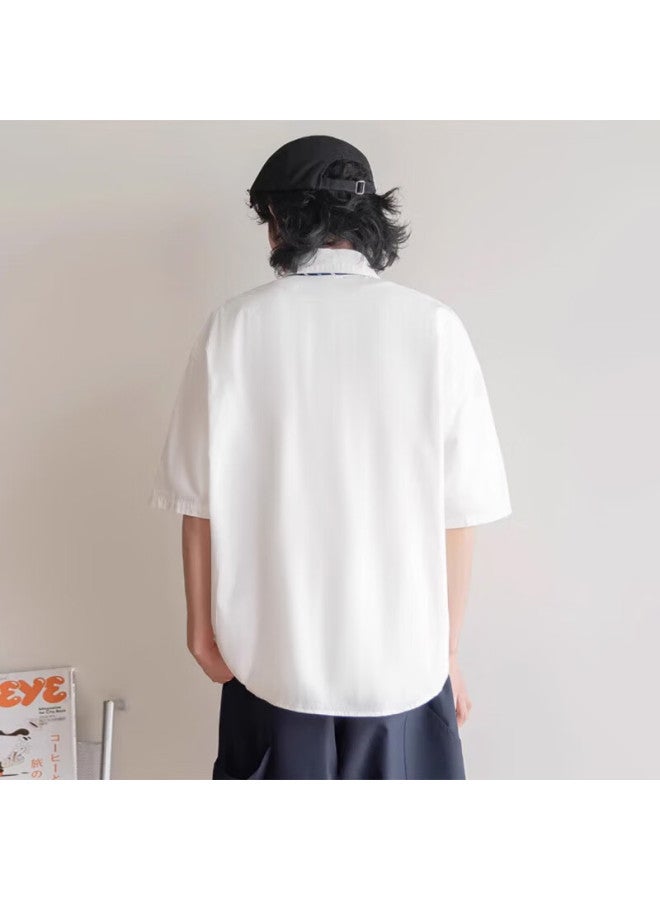Homlean Style Solid Color Short Sleeve Shirt T-shirt Men's Spring Summer Loose Casual All-match Breathable Clothing Ls01 White XL - Image 4