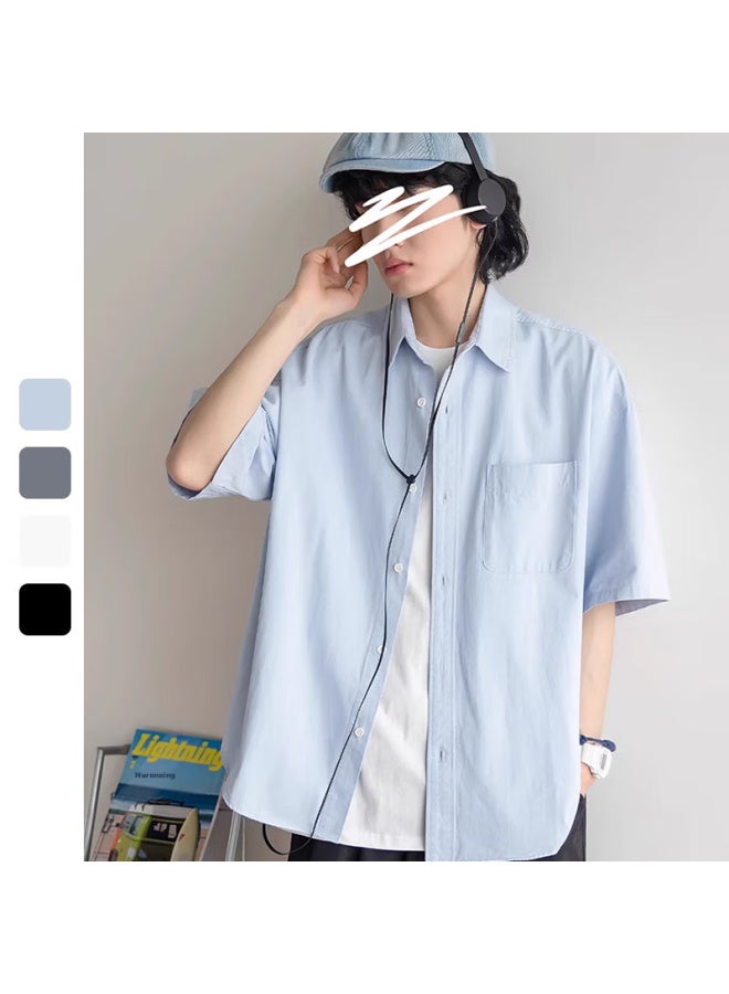 Homlean Style Solid Color Short Sleeve Shirt T-shirt Men's Spring Summer Loose Casual All-match Breathable Clothing Ls01 White XL - Image 2