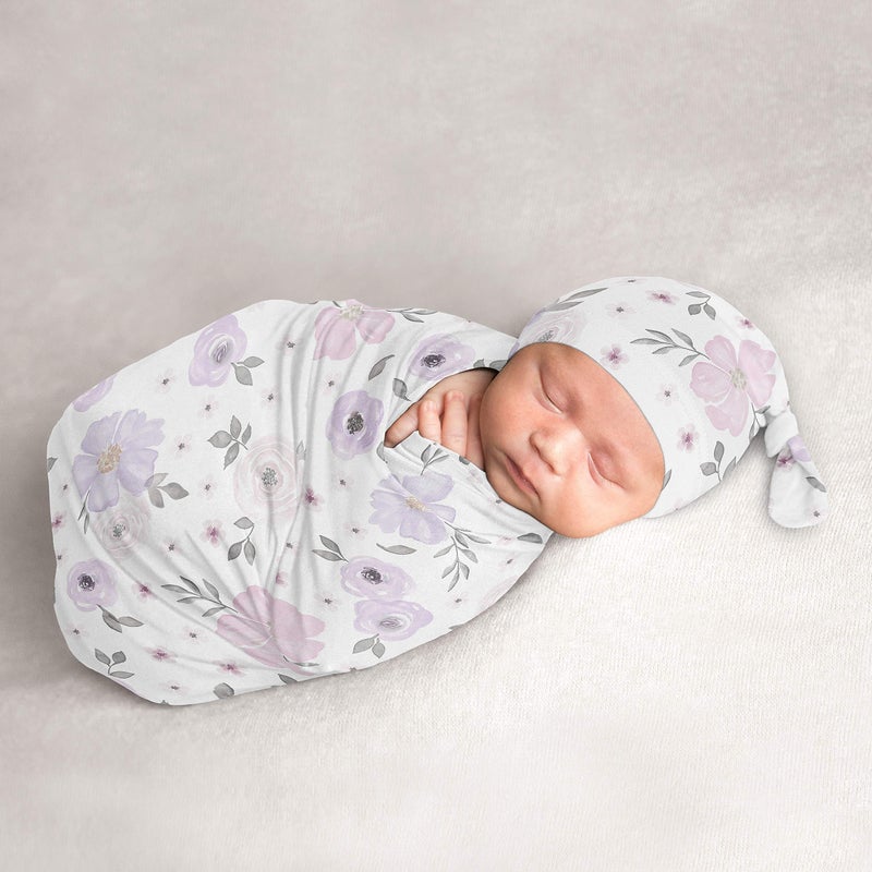 Sweet Jojo Designs Sweet Jojo Designs Watercolor Floral Baby Girl Cocoon and Beanie Hat 2pc Set Jersey Stretch Knit Sleeping Bag for Infant Newborn Nursery Sleep Wrap Sack Lavender Purple Pink Grey Shabby Chic Flower