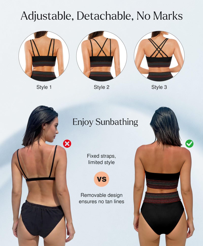 Popilush Tummy Control Swimsuits for Women High Waisted Bikini Sets Two Piece Boho Swimsuit Shapewear 4 Way Wear Beach and Pool Size M Color Black - Image 2