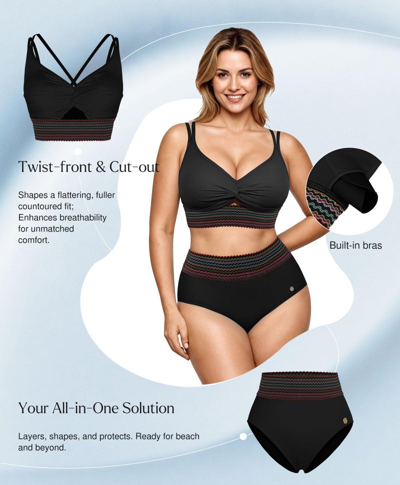 Popilush Tummy Control Swimsuits for Women High Waisted Bikini Sets Two Piece Boho Swimsuit Shapewear 4 Way Wear Beach and Pool Size M Color Black - Image 3