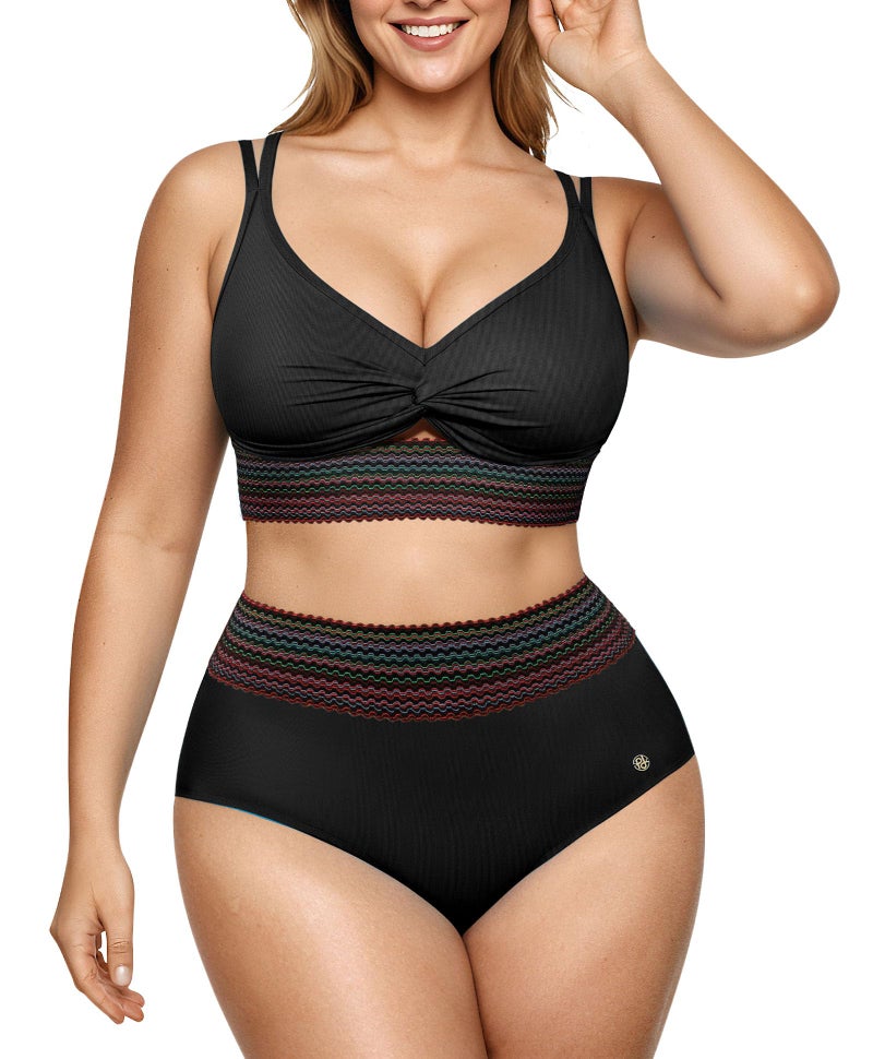 Popilush Tummy Control Swimsuits for Women High Waisted Bikini Sets Two Piece Boho Swimsuit Shapewear 4 Way Wear Beach and Pool Size M Color Black - Image 1