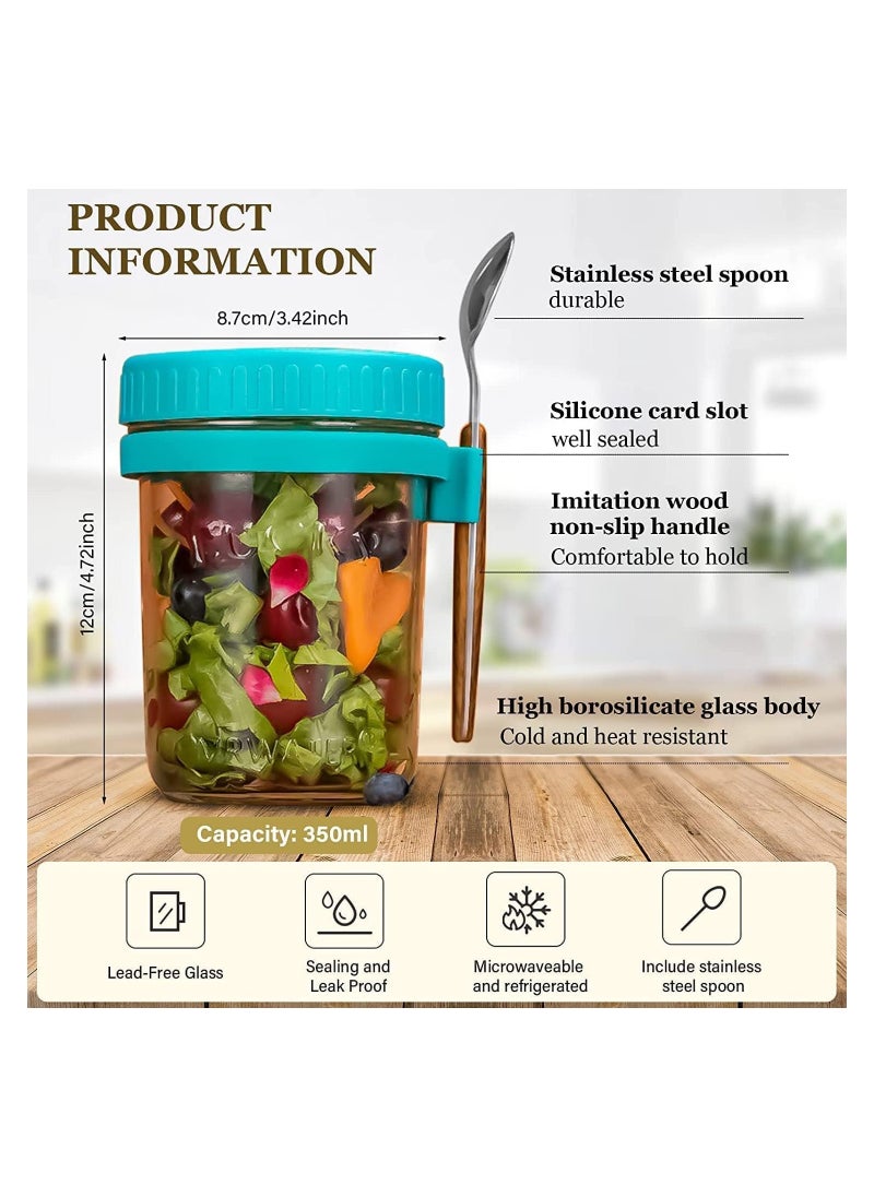 Oats Jars with Lid and Spoon, 2PCS 350ml Large Capacity Airtight Oatmeal Container with Measurement Marks, Wide Mouth Portable Jars Breakfast Container for Salads Yogurt Cereal Milk