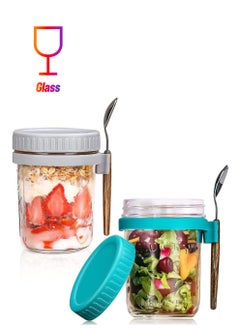 Dubkart Oats Jars with Lid and Spoon, 2PCS 350ml Large Capacity Airtight Oatmeal Container with Measurement Marks, Wide Mouth Portable Jars Breakfast Container for Salads Yogurt Cereal Milk  - Image 1