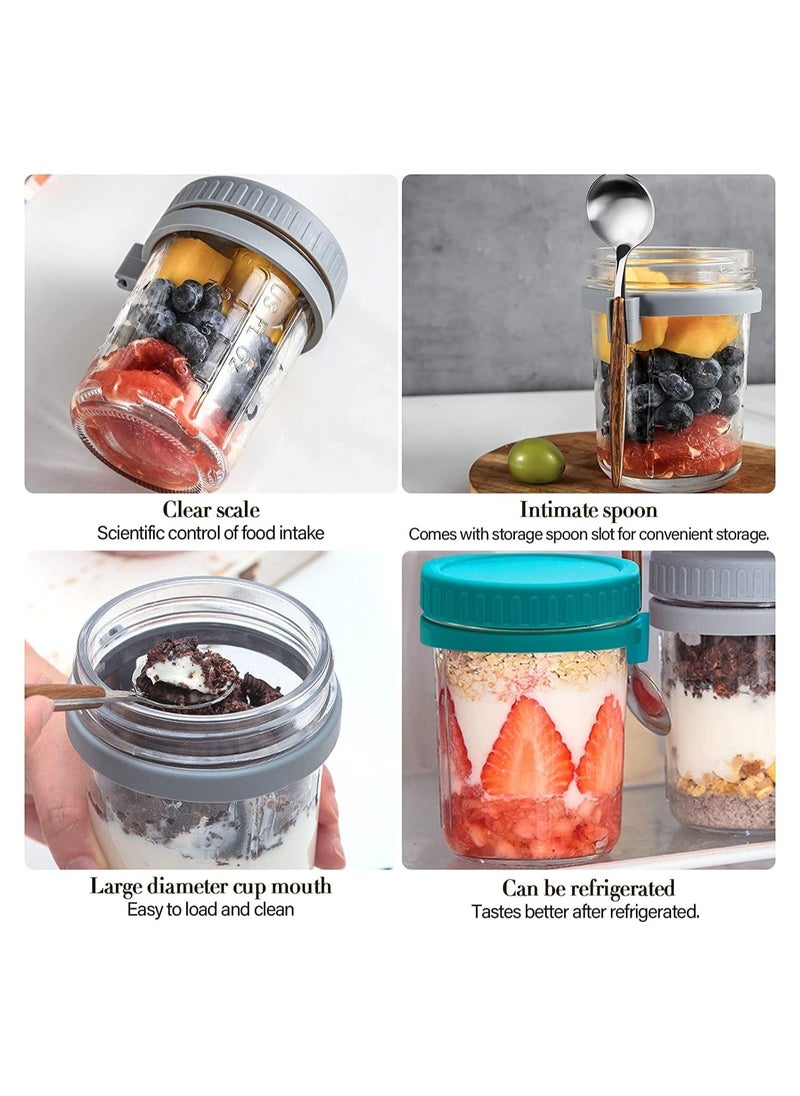 Oats Jars with Lid and Spoon, 2PCS 350ml Large Capacity Airtight Oatmeal Container with Measurement Marks, Wide Mouth Portable Jars Breakfast Container for Salads Yogurt Cereal Milk