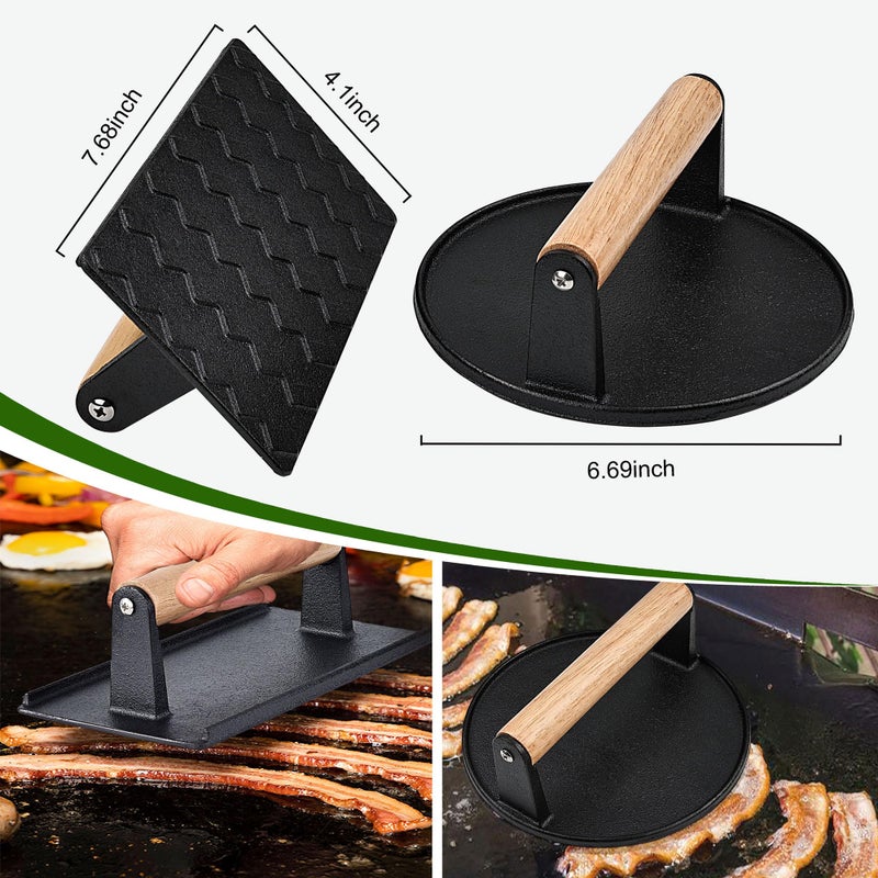 POLIGO Smash Burger Press Kit - 4 in 1 Stuffed Burger Mold, Cast Iron Burger Presses, Sauce Brushes Included - Non Stick Smash Burger Press Set for Grill and Griddle Cooking - Round and Rectangle - Image 3