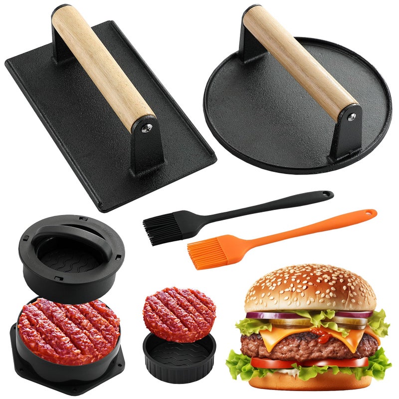 POLIGO Smash Burger Press Kit - 4 in 1 Stuffed Burger Mold, Cast Iron Burger Presses, Sauce Brushes Included - Non Stick Smash Burger Press Set for Grill and Griddle Cooking - Round and Rectangle - Image 1