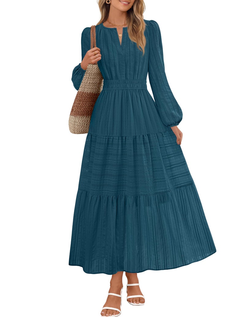 MEROKEETY Spring Summer Midi Dresses for Women 2026 Fall Casual Vacation Long Sleeve V Neck Tiered Cotton Maxi Dress Pockets, Lake Blue, Small - Image 1