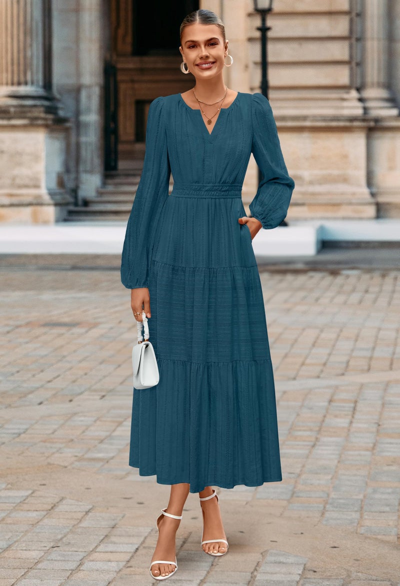 MEROKEETY Spring Summer Midi Dresses for Women 2026 Fall Casual Vacation Long Sleeve V Neck Tiered Cotton Maxi Dress Pockets, Lake Blue, Small - Image 5