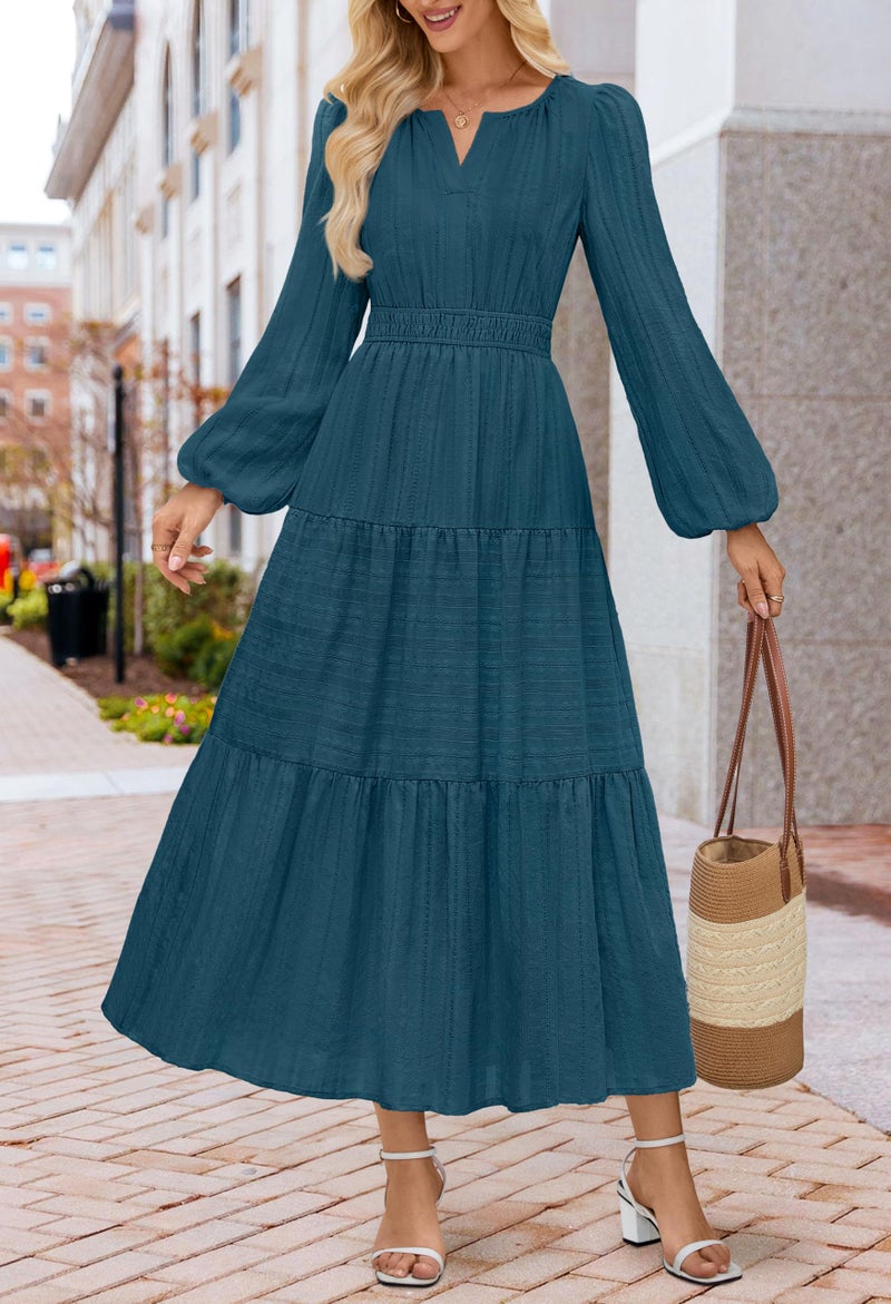MEROKEETY Spring Summer Midi Dresses for Women 2026 Fall Casual Vacation Long Sleeve V Neck Tiered Cotton Maxi Dress Pockets, Lake Blue, Small - Image 2