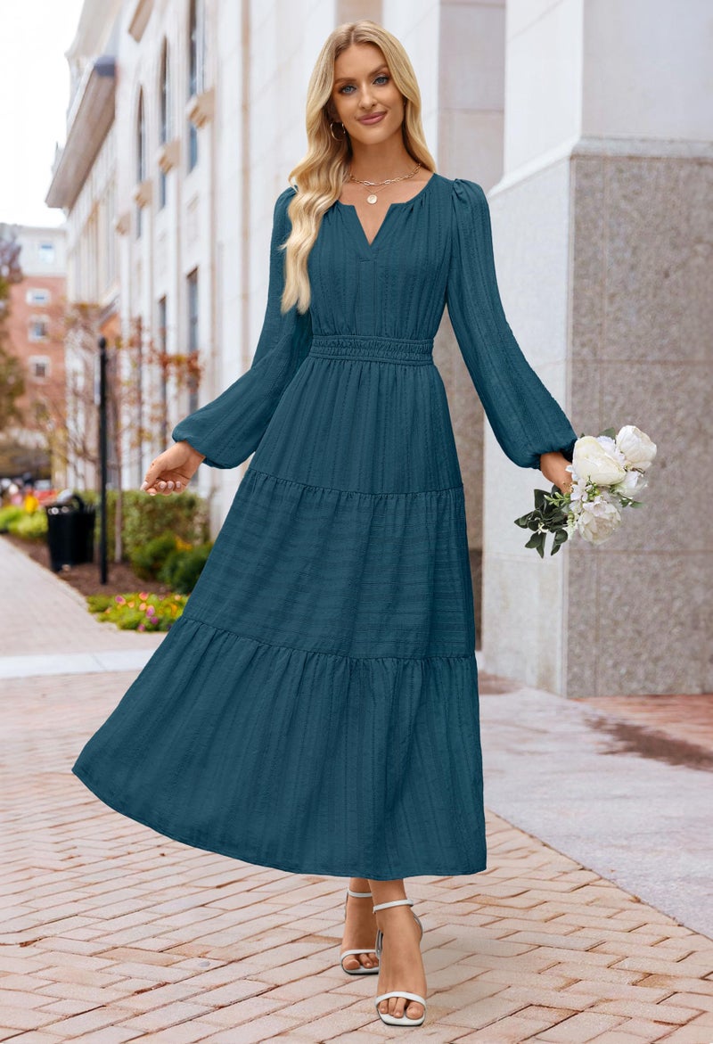MEROKEETY Spring Summer Midi Dresses for Women 2026 Fall Casual Vacation Long Sleeve V Neck Tiered Cotton Maxi Dress Pockets, Lake Blue, Small - Image 4