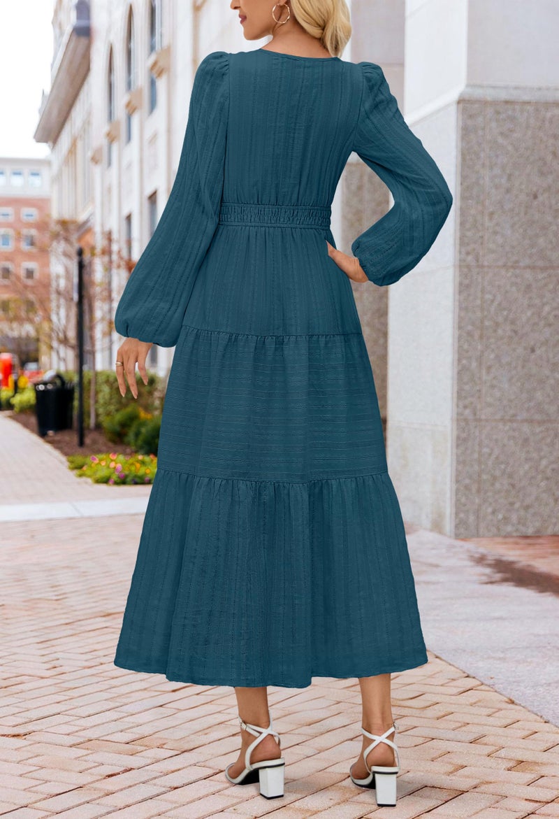MEROKEETY Spring Summer Midi Dresses for Women 2026 Fall Casual Vacation Long Sleeve V Neck Tiered Cotton Maxi Dress Pockets, Lake Blue, Small - Image 3