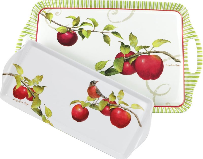 Reston Lloyd Calypso Basics by Reston Lloyd 2pc Melamine Tray set Rectangular ServingOttoman Tray with Handles and Matching Small Tidbit Tray Food SafeBPA Free Harvest Apple Pattern - Image 1