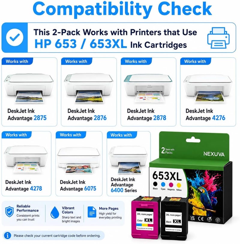 نيكسوفا خرطوشة حبر 653XL عالية الإنتاجية بديلة لخرطوشة حبر HP 653، متوافقة مع طابعات HP DeskJet Ink Advantage 6075 6400 2875 2876 2878 4276 4278 (عبوة من 2، 653XL) - Image 3