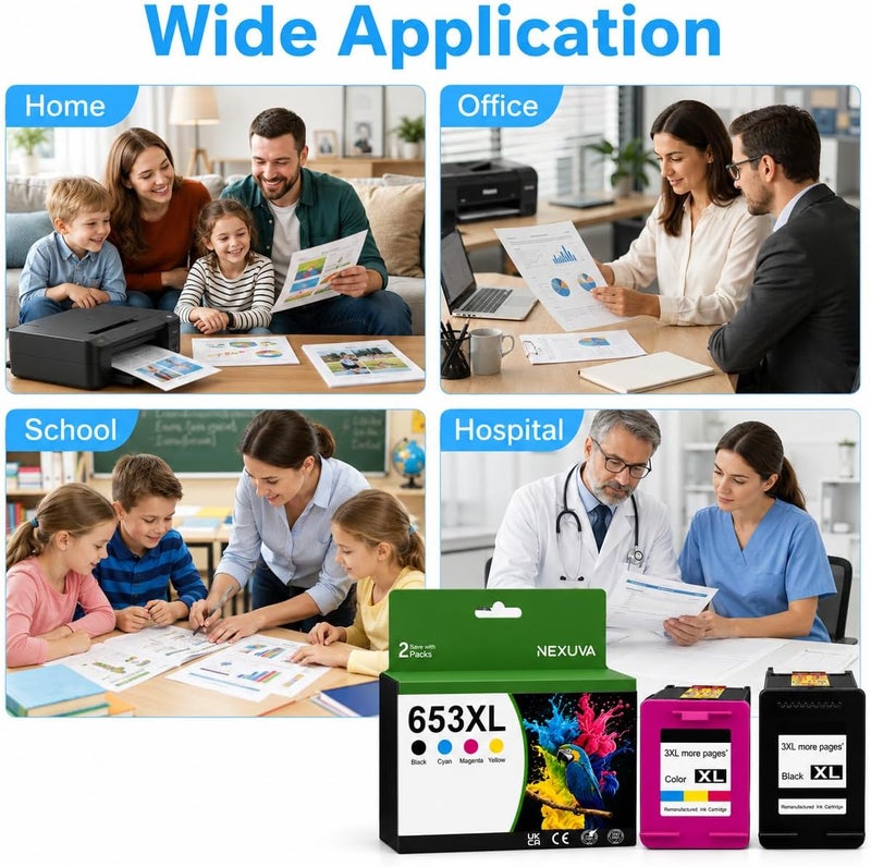 نيكسوفا خرطوشة حبر 653XL عالية الإنتاجية بديلة لخرطوشة حبر HP 653، متوافقة مع طابعات HP DeskJet Ink Advantage 6075 6400 2875 2876 2878 4276 4278 (عبوة من 2، 653XL) - Image 2